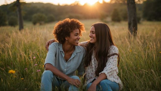 Sunset embrace in wildflower meadow showing warm friendship and intimate connection