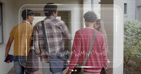 Walking students on campus corridor carrying backpacks and notebooks with HUD data overlay
