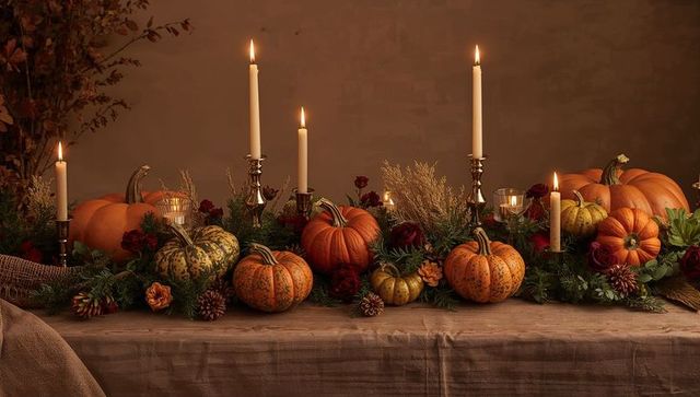 Autumn harvest table centerpiece featuring pumpkins, taper candles and evergreen garland
