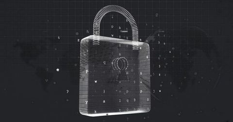 3D Wireframe Padlock on Virtual Grid in High-Tech Digital Environment