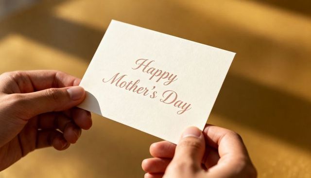 Adult Hands Holding Happy Mother's Day Card in Warm Sunlight on Wooden Tabletop