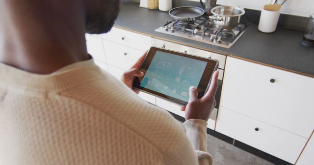 Person Controlling Smart Home Devices Using Tablet in Modern Kitchen - Download Free Stock Images Pikwizard.com