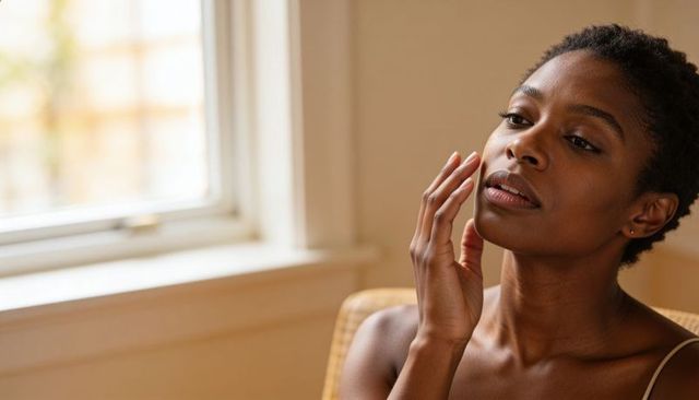 Contemplative woman touching cheek gazing upward beside sunlit window natural skincare