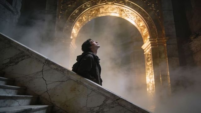 Young man gazing upward on marble staircase toward gilded archway in mist-filled grand hall