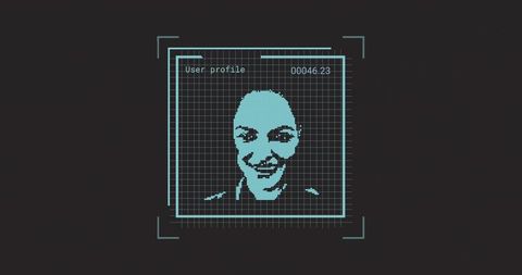 Pixel-art biometric avatar in cyan grid ui for user profile and identity verification