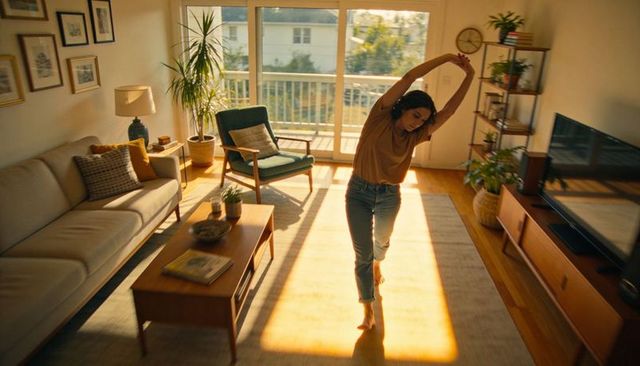 Woman stretching on sunlit rug in midcentury living room, barefoot, cozy morning light