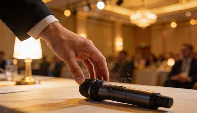 Reaching suited hand picking up wireless microphone on conference table in ballroom gala
