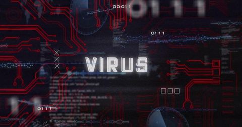 Displaying VIRUS Warning on Cybersecurity HUD with Red Circuit Overlay and Binary Glitch