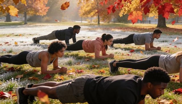 Group performing forearm planks in dewy autumn park outdoor fitness class
