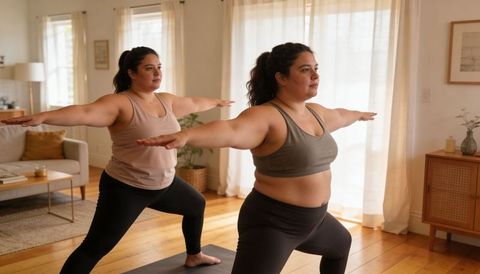 Plus-Size Women Practicing Warrior II Yoga for Body-Positive Fitness and Mindful Wellness