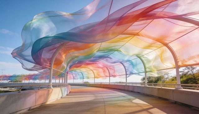 Glowing rainbow canopy casting colored light over curved elevated walkway flowing fabric