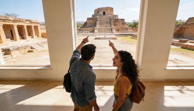 Couple pointing at ancient step pyramid through pavilion windows, travel discovery
