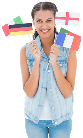 Happy Woman Holding Flags on Transparent Background
