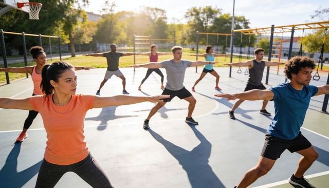 Outdoor group stretching class performing wide-leg warrior pose on sunlit basketball court