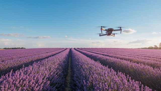 Hovering Quadcopter Capturing Sunlit Lavender Field with Leading Rows and Dirt Track