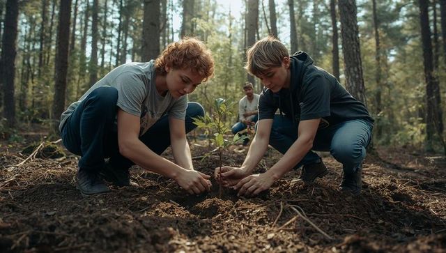 Youth volunteers planting sapling for environmental conservation in woodland