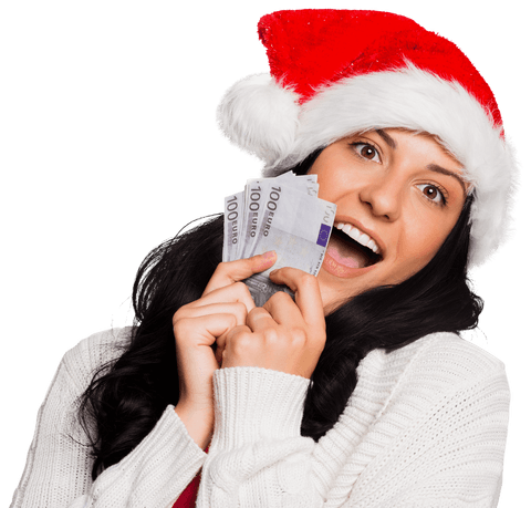 Happy Woman in Santa Hat Holding Euro Banknotes Transparent Background