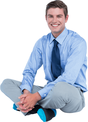 Smiling Businessman Sitting Cross-legged in Transparent Background