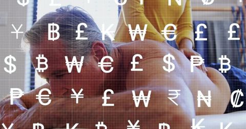 Senior man receiving back massage by therapist in daylight with currency symbol overlay