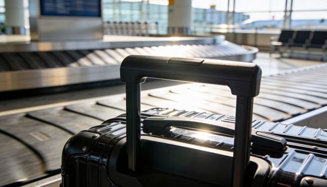 Sleek black hard-shell carry-on luggage on airport baggage carousel with glare