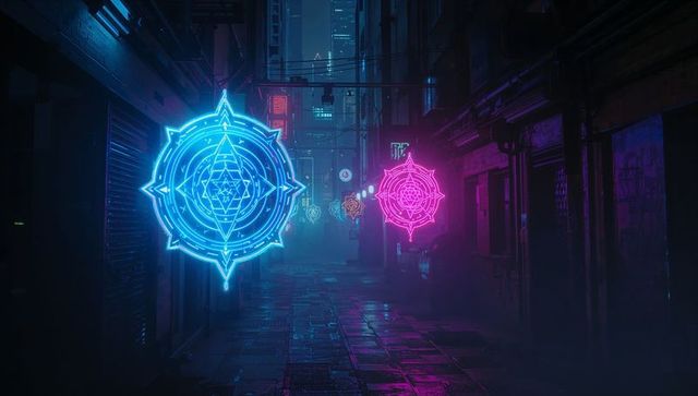 Cyberpunk neon symbol in misty night alley