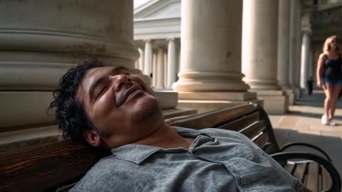 Relaxed man reclining on bench under grand stone colonnade while pedestrians walk by