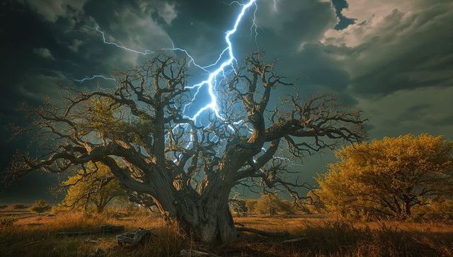 Lightning Striking Ancient Tree in Dramatic Stormy Landscape
