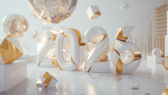 Luxury 3D Golden 2026 Numerals on Marble with Faceted Gems Minimalist New Year Design