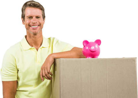 Man with pink piggy bank on cardboard box transparent background