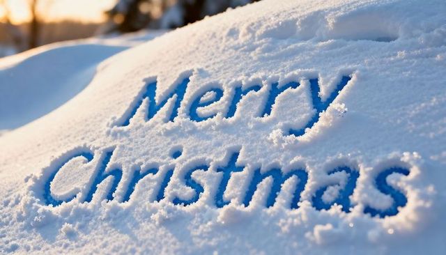 Merry Christmas Carved into Fresh Snow Revealing Blue Shadows and Warm Sunrise Glow