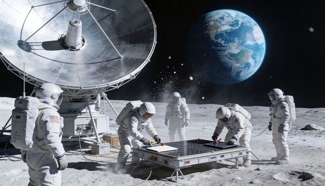Astronaut Crew Repairing Lunar Solar Array Near Deep-Space Antenna with Earth Rising