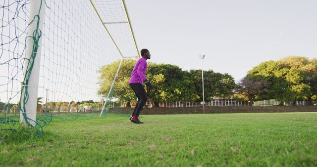 Goalkeeper wearing purple shirt stands ready in front of goal net on bright green soccer field. Useful for sports articles, team management websites, goalkeeper training tutorials, and promotional materials for athletic programs.