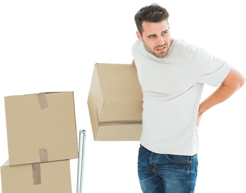 Transparent upset delivery worker holding cardboard with back pain