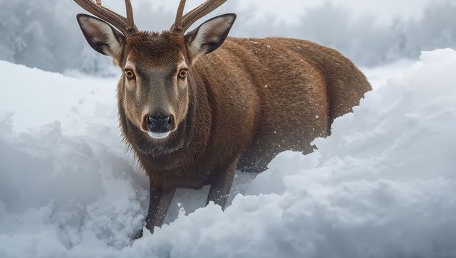Majestic bull elk standing in deep snowbanks facing camera showing antlers and winter coat