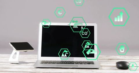 Eco-Friendly Workspace with Digital Sustainability Icons