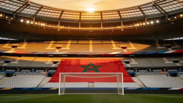 Golden-hour stadium showcasing moroccan flag over stands behind centered football goal