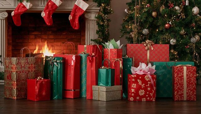 Festive christmas gifts and stockings by fireplace with decorated tree and warm lights
