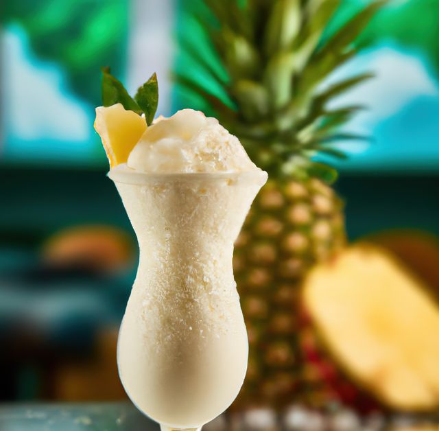 Close up of pina colada drink over pineapples created using generative ai technology. Party, celebration and drink concept, digitally generated image.