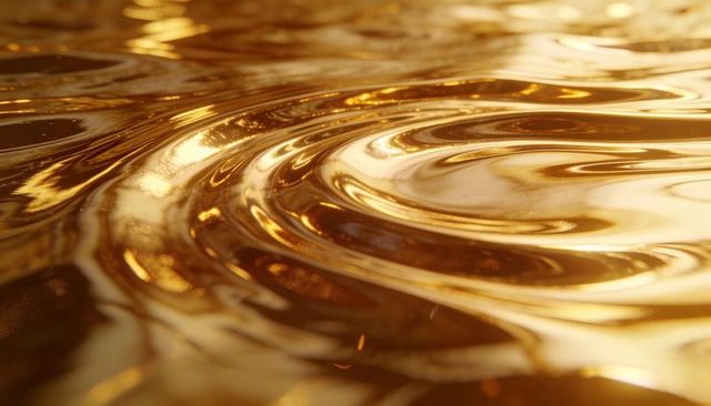 Golden liquid ripples macro shimmering glossy swirl with warm bokeh reflections