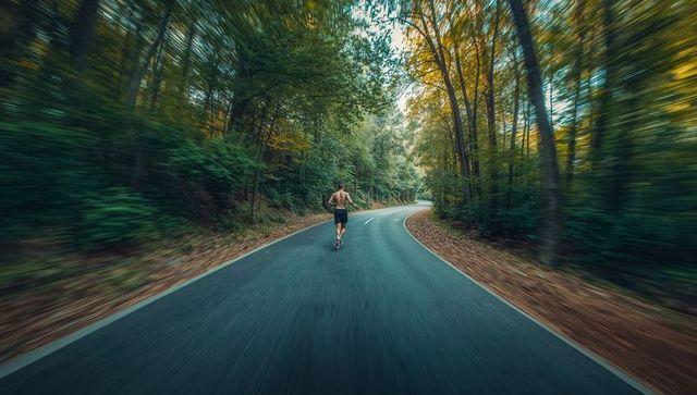 Athletic Shirtless Runner Tackling Winding Woodland Road