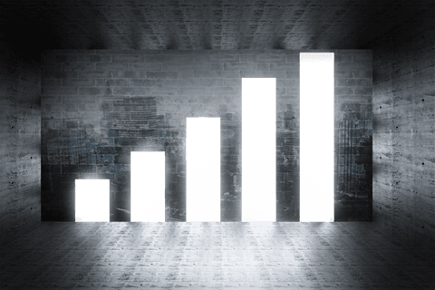This illustration presents a transparent bar chart set against a backdrop of an abstract concrete room, symbolizing business growth and financial development. The futuristic touch suggests advancement, making it ideal for use in presentations, infographics, or business reports relating to investment, economics, or progressive financial analysis.