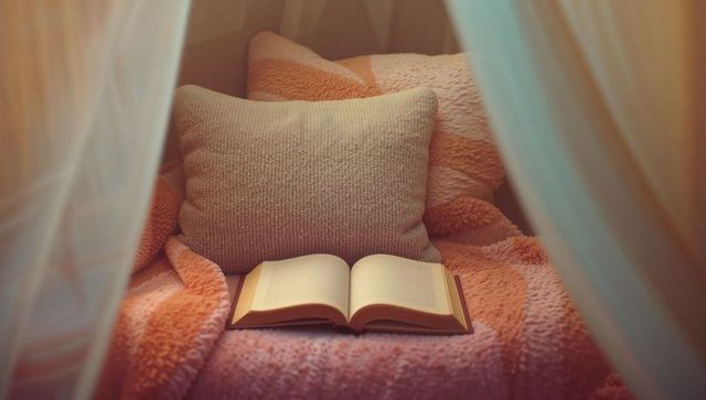Inviting reading nook with open book and cozy textiles
