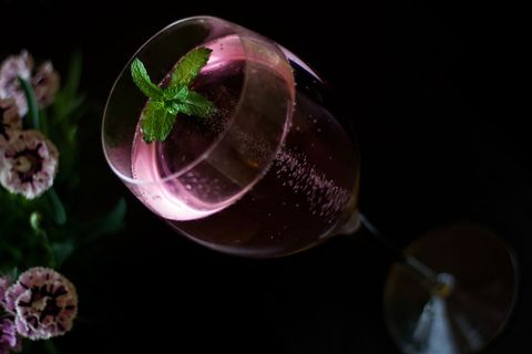 Sparkling Pink Cocktail Garnishing with Fresh Mint and Carnation Flowers on Dark Backdrop