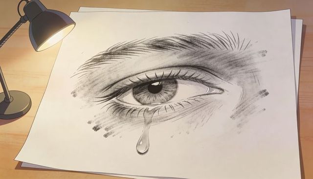 Graphite eye sketch releasing glossy teardrop on wooden desk under lamp