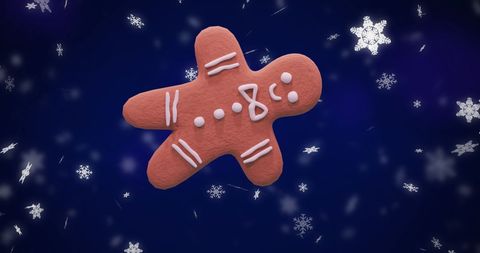 Floating Gingerbread Cookie with Falling Snowflakes on Blue Background