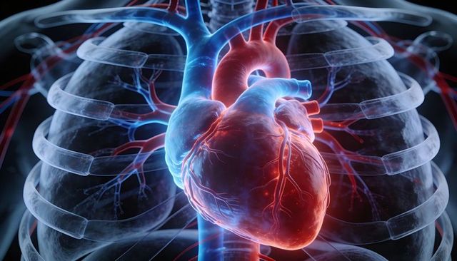 3d render human heart showing coronary arteries, aorta and pulmonary trunk in rib cage