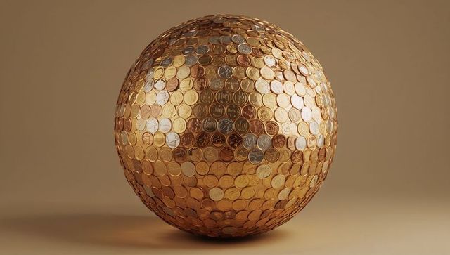 Coin tessellated orb reflecting wealth and luxury, golden copper silver metallic sphere