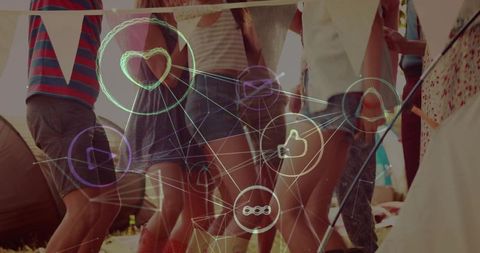 Friends dancing outdoor summer festival with social media network overlay