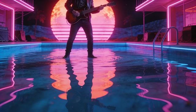 Playing electric guitar standing in neon pool at night reflecting retro synthwave sunset