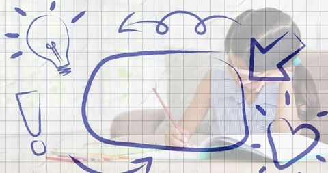 Creative schoolgirl studying with doodles overlay